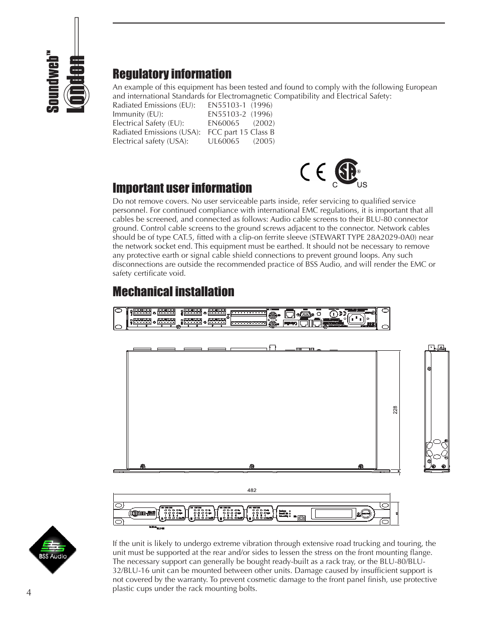 Regulatory information, Mechanical installation important user information | BSS Audio BLU-16 Install Guide User Manual | Page 4 / 12