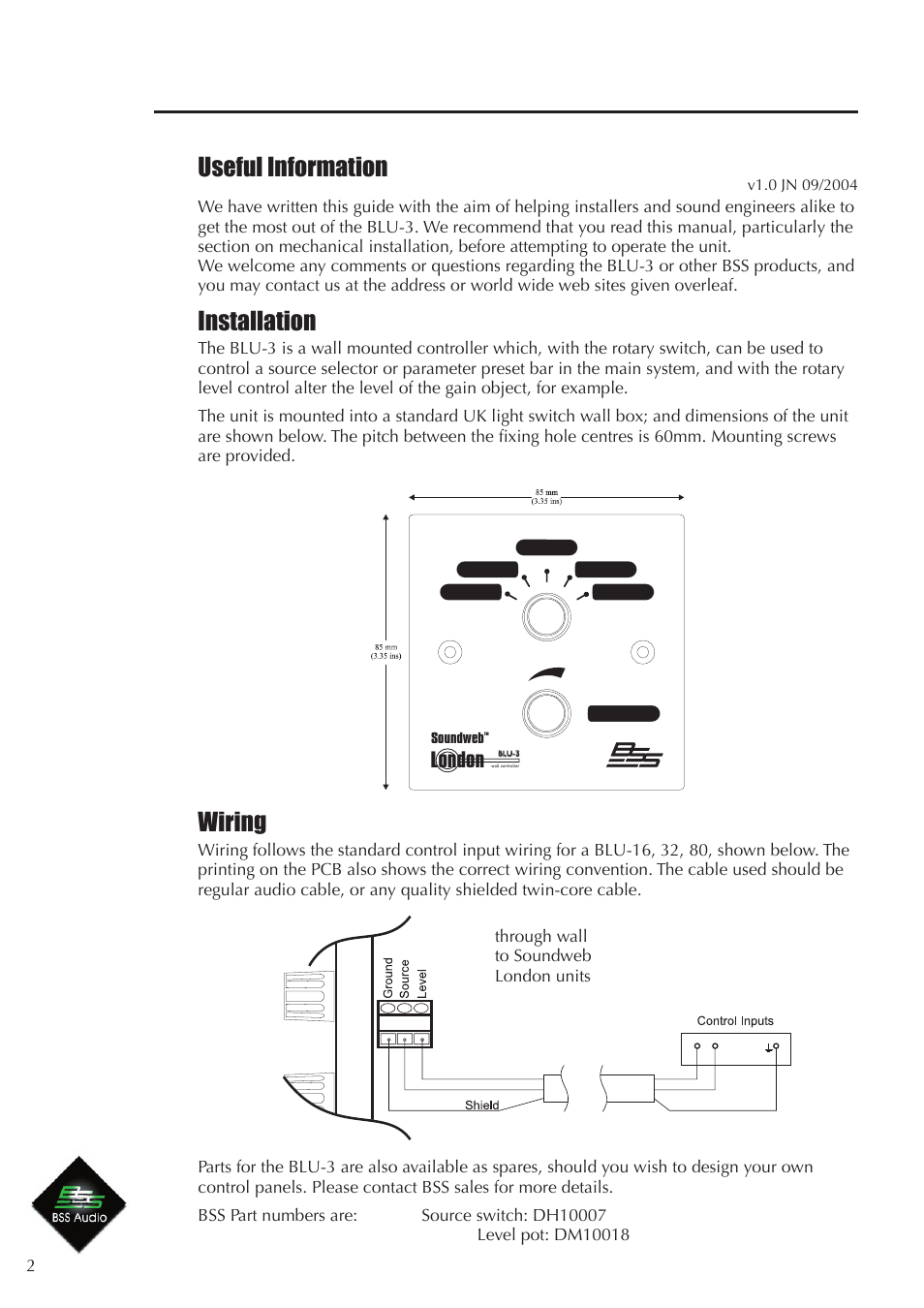 Useful information, Installation, Wiring | BSS Audio BLU-3 Install Guide User Manual | Page 2 / 2