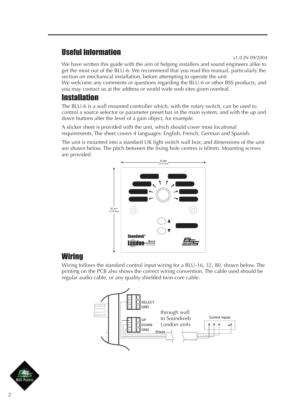 Useful information, Installation, Wiring | London | BSS Audio BLU-6 Install Guide User Manual | Page 2 / 2