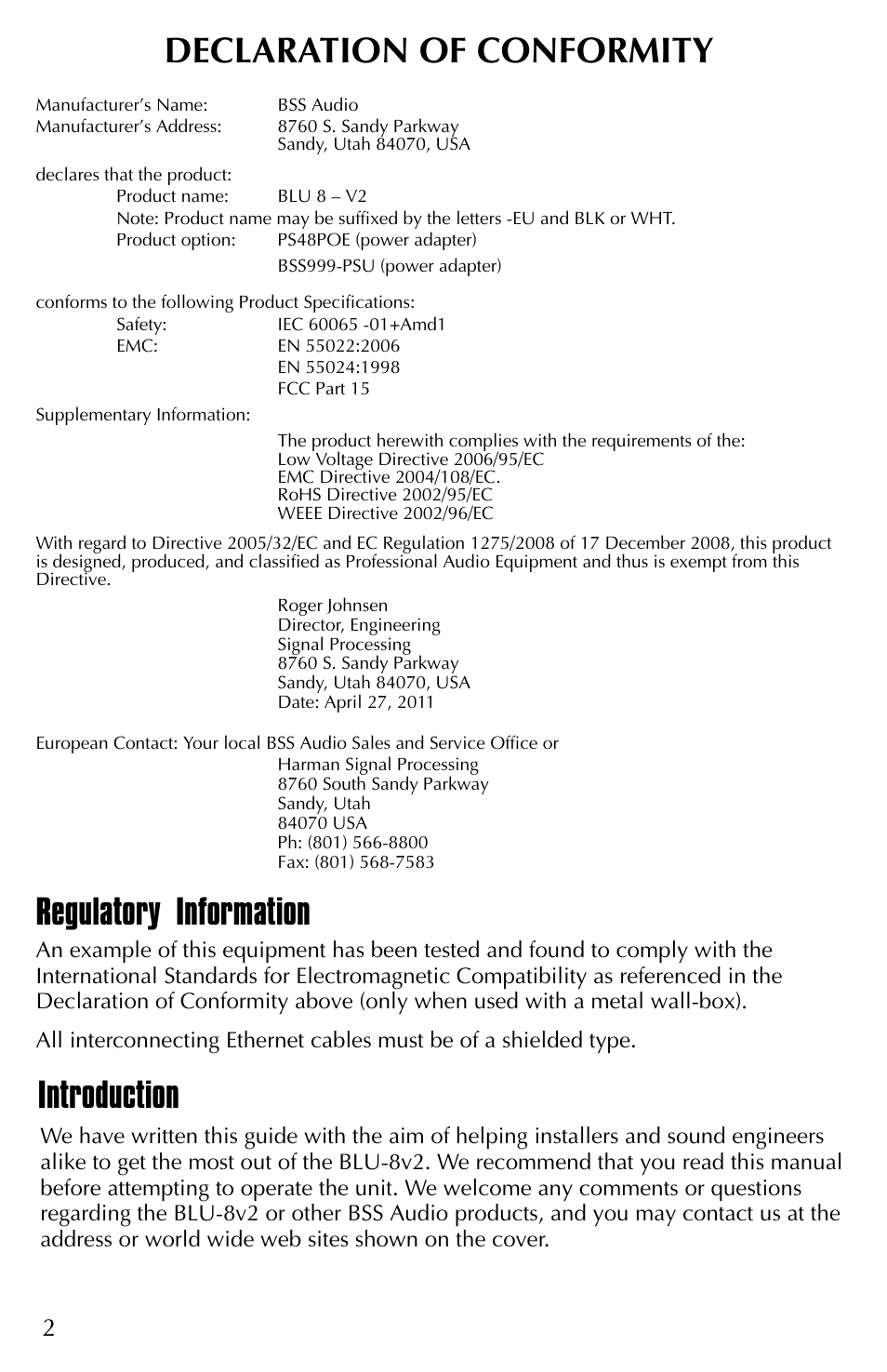 Declaration of conformity, Regulatory information, Introduction | BSS Audio BLU-8v2BLK Install Guide User Manual | Page 2 / 4