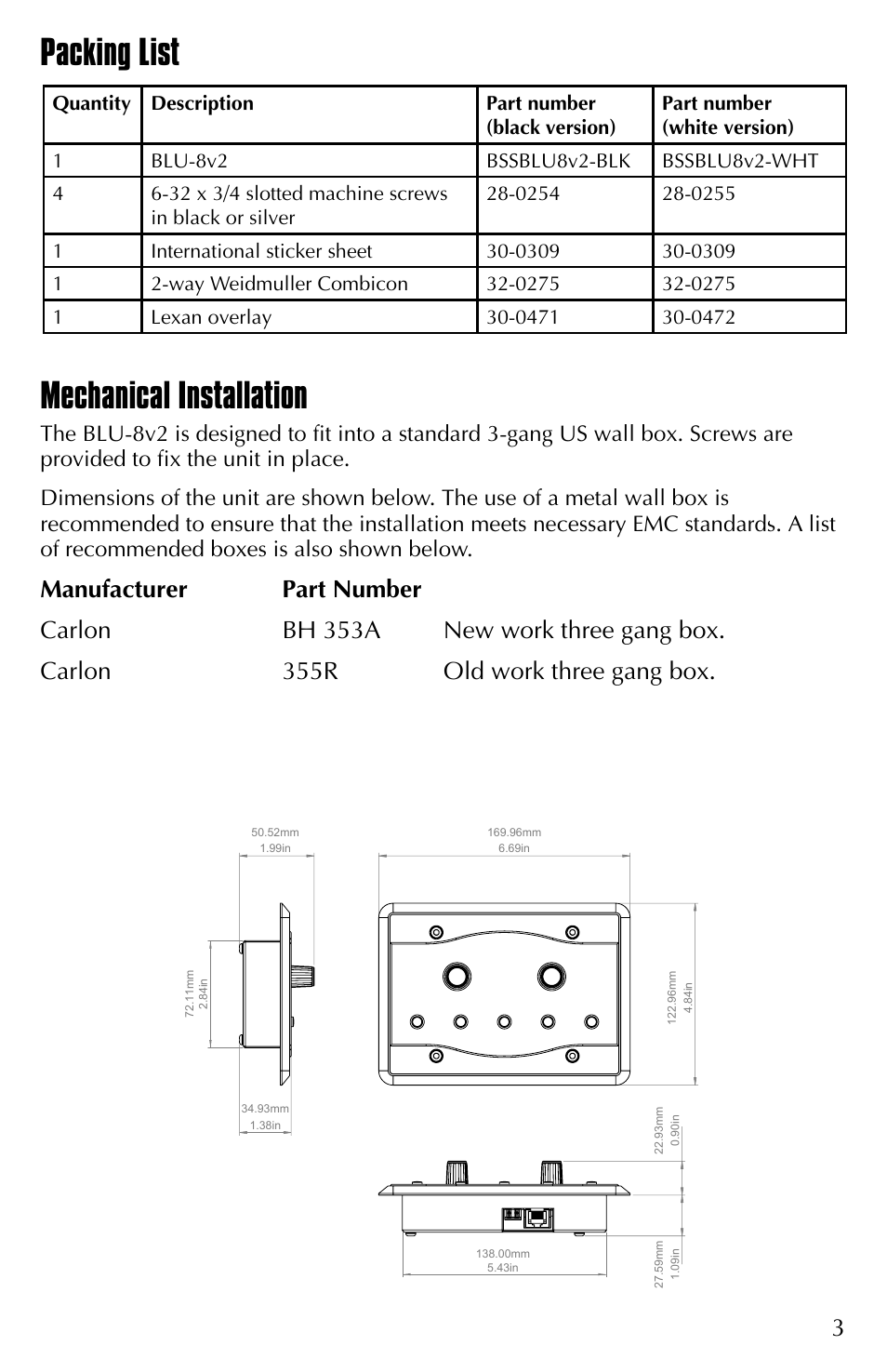 Mechanical installation, Packing list | BSS Audio BLU-8v2BLK Install Guide User Manual | Page 3 / 4