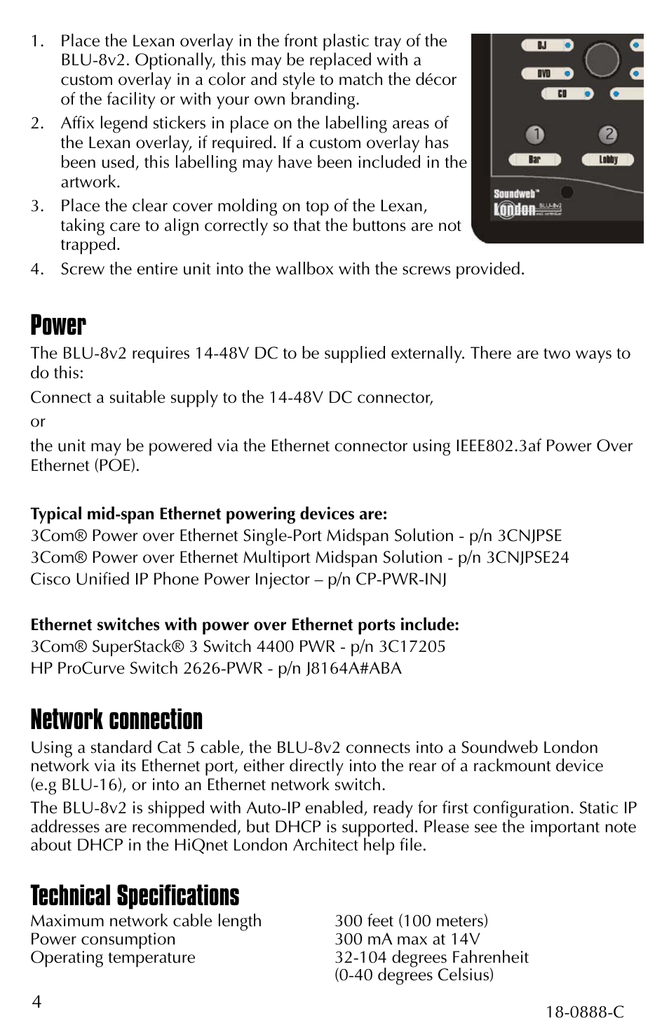 Power, Network connection, Technical specifications | BSS Audio BLU-8v2BLK Install Guide User Manual | Page 4 / 4