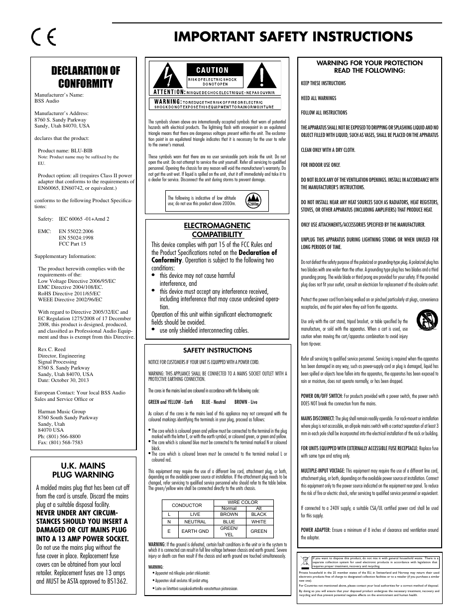 Important safety instructions, Declaration of conformity, U.k. mains plug warning | BSS Audio BLU-BIB Install Guide User Manual | Page 2 / 8