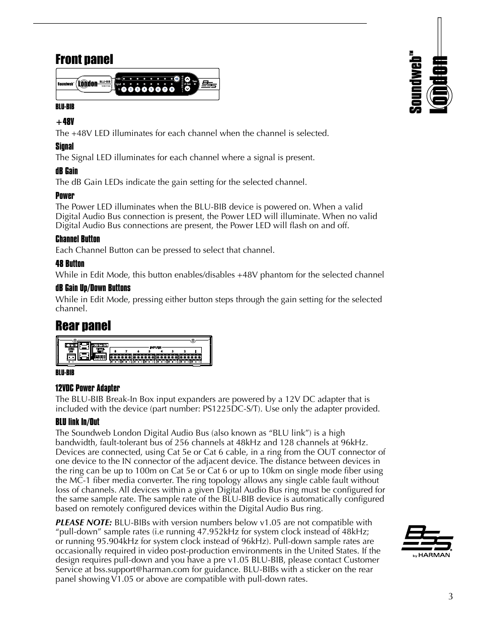 Front panel, Rear panel | BSS Audio BLU-BIB Install Guide User Manual | Page 3 / 8