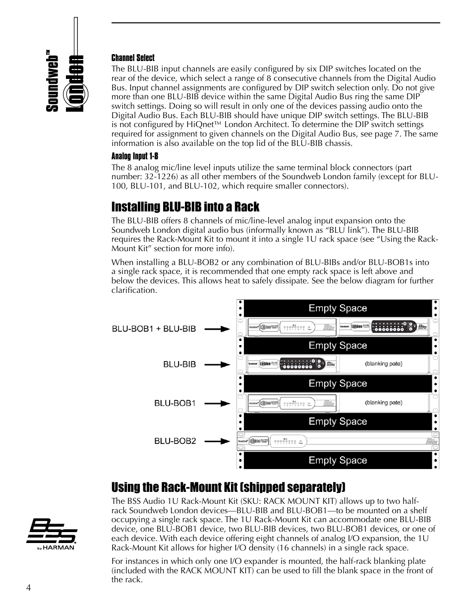 Installing blu-bib into a rack, Using the rack-mount kit (shipped separately) | BSS Audio BLU-BIB Install Guide User Manual | Page 4 / 8