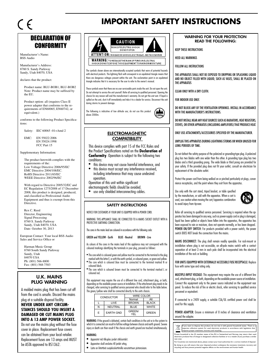 Important safety instructions, Declaration of conformity, U.k. mains plug warning | BSS Audio BLU-BOB1 Install Guide User Manual | Page 2 / 8