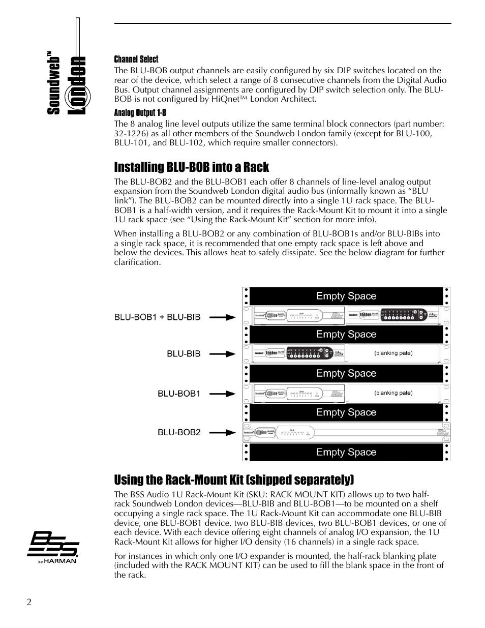 Installing blu-bob into a rack, Using the rack-mount kit (shipped separately) | BSS Audio BLU-BOB1 Install Guide User Manual | Page 4 / 8