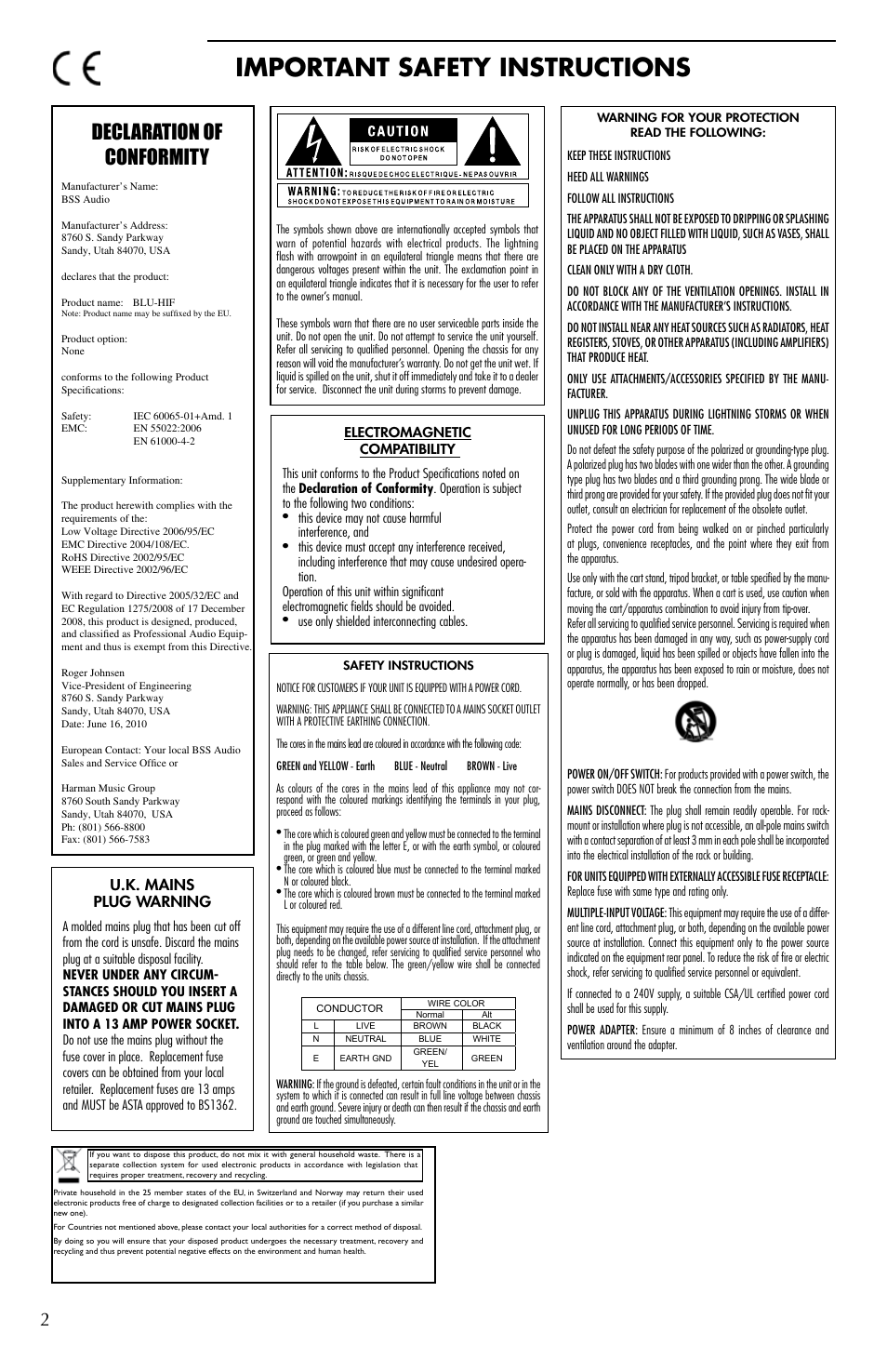 Important safety instructions, Declaration of conformity | BSS Audio BLU-HIF Install Guide User Manual | Page 2 / 8