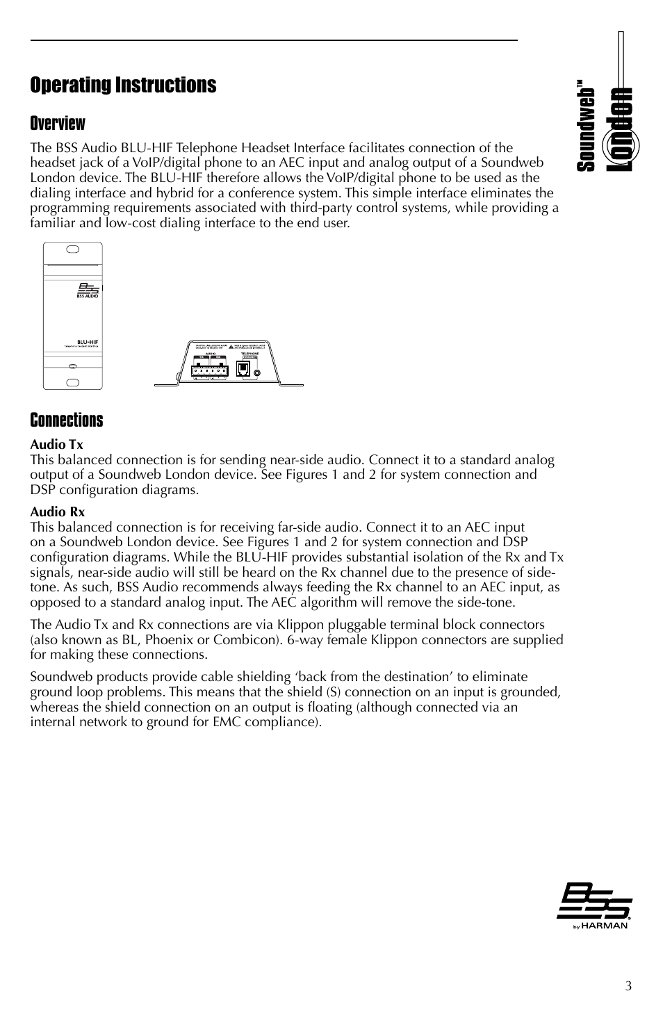 Operating instructions, Overview, Connections | BSS Audio BLU-HIF Install Guide User Manual | Page 3 / 8