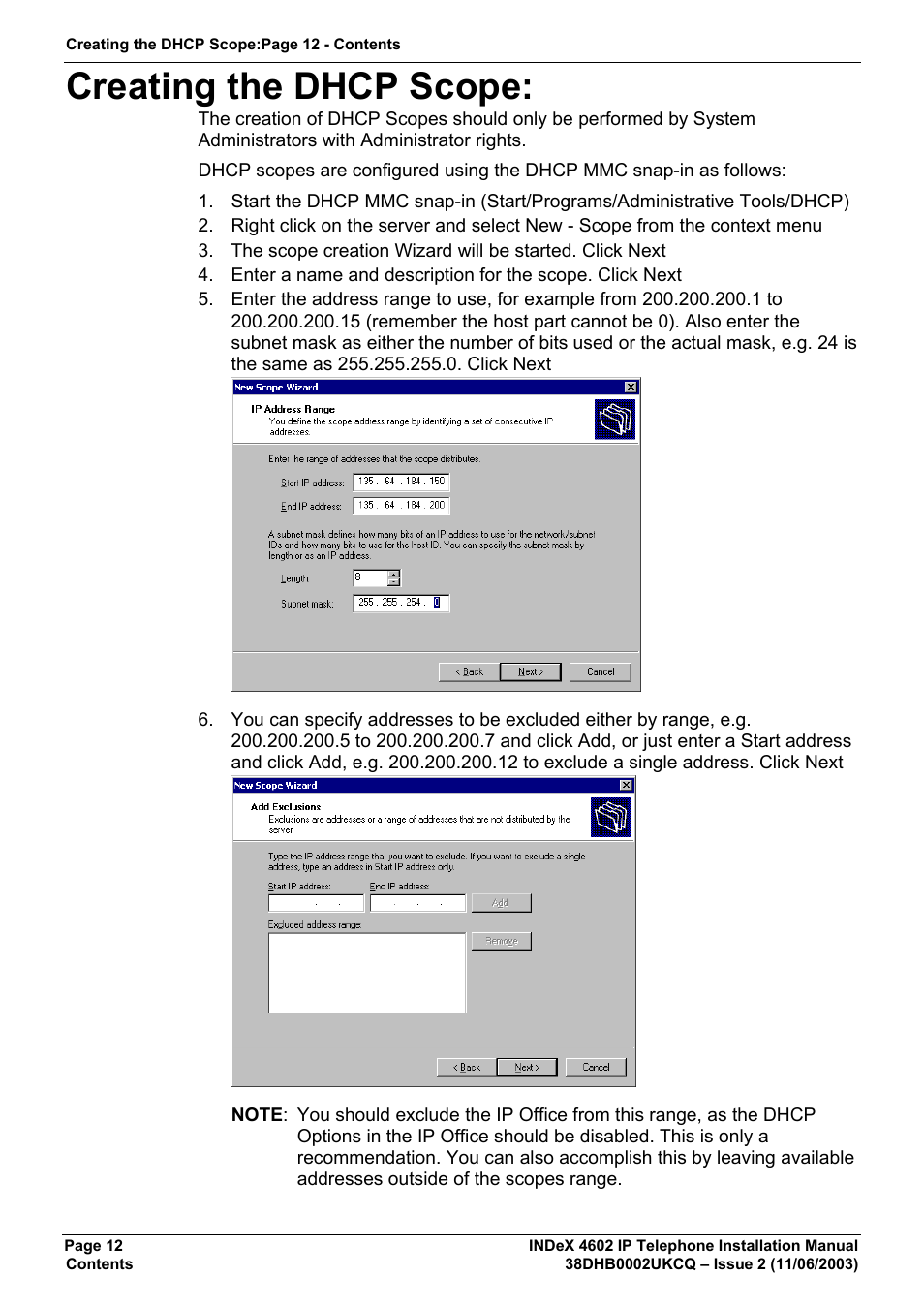 Creating the dhcp scope | Avaya INDEX 4602 User Manual | Page 12 / 16