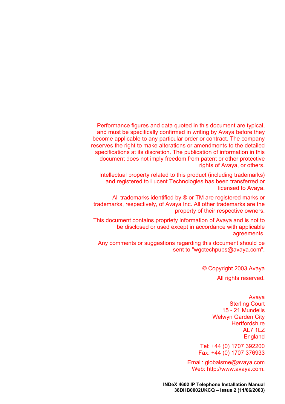 Avaya INDEX 4602 User Manual | Page 16 / 16