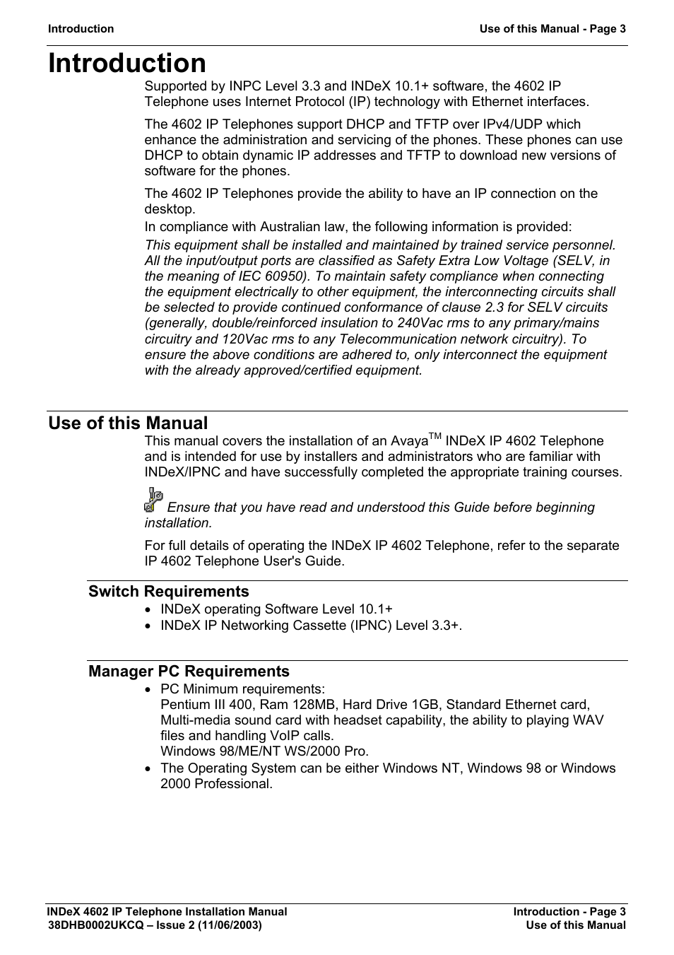 Introduction, Use of this manual, Switch requirements | Manager pc requirements, Switch requirements manager pc requirements | Avaya INDEX 4602 User Manual | Page 3 / 16