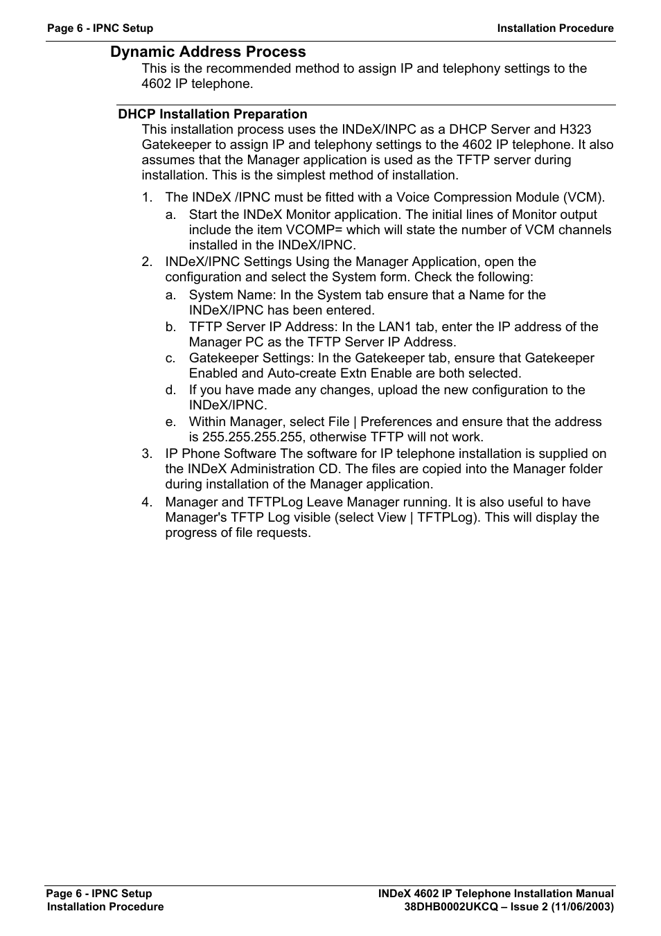 Dynamic address process, Dhcp installation preparation | Avaya INDEX 4602 User Manual | Page 6 / 16
