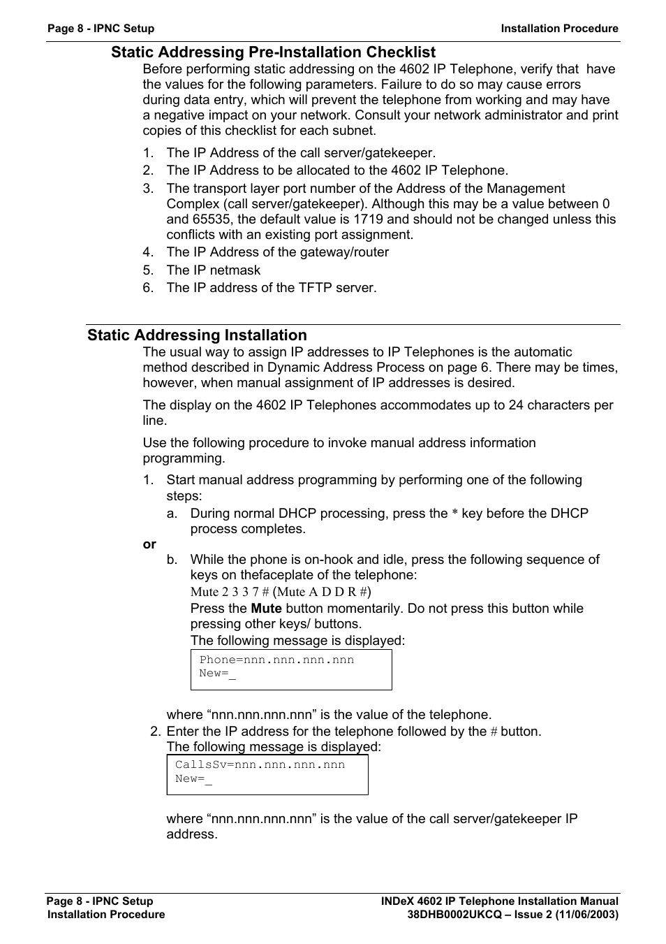 Static addressing pre-installation checklist, Static addressing installation | Avaya INDEX 4602 User Manual | Page 8 / 16