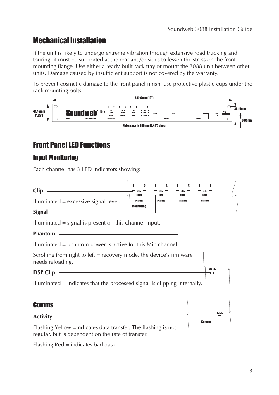 Mechanical installation, Front panel led functions | BSS Audio sw3088 Install Guide User Manual | Page 3 / 8