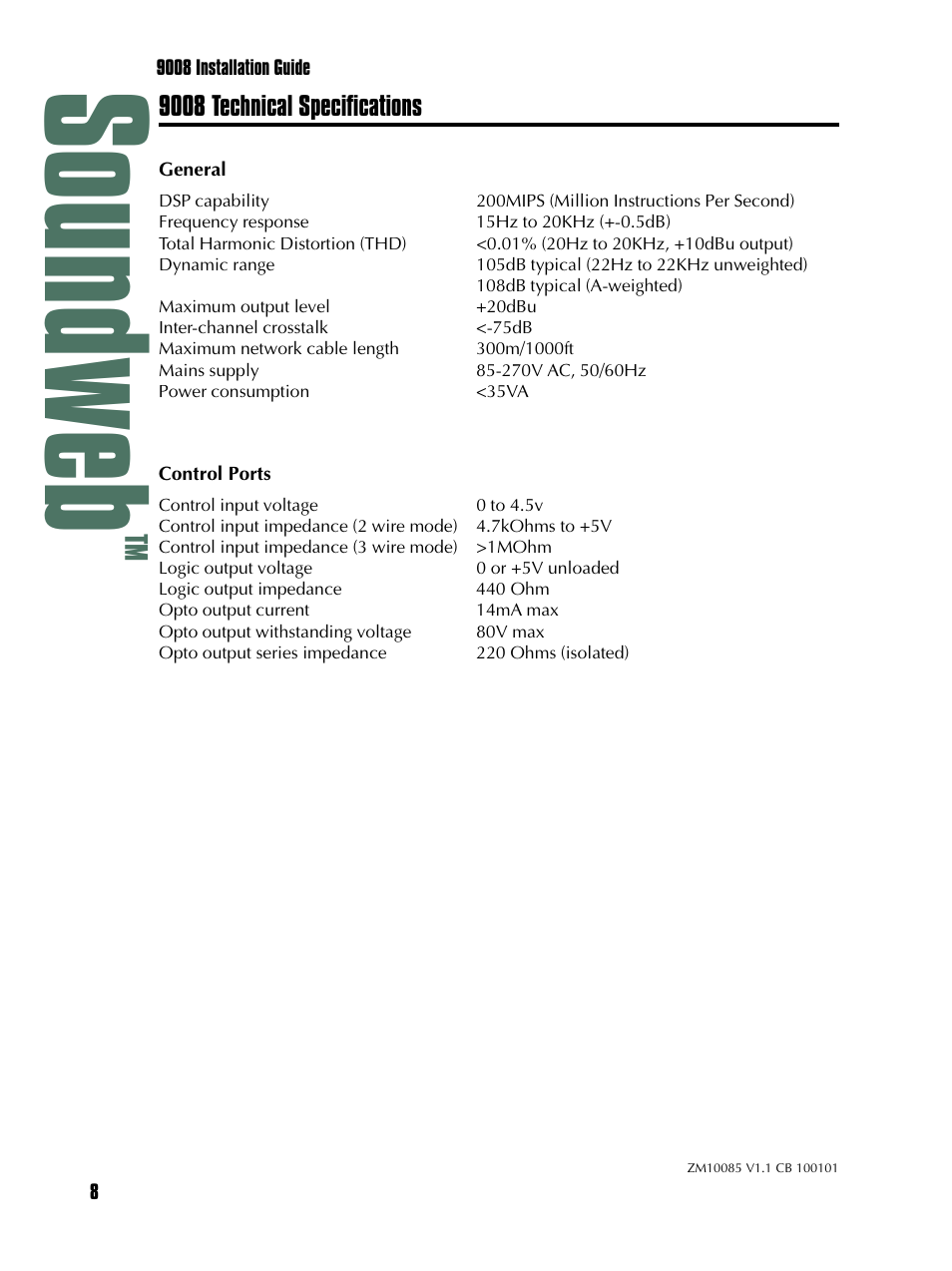 Soundweb, 9008 technical specifications | BSS Audio sw9008iis Install Guide User Manual | Page 8 / 8