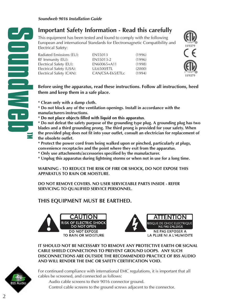 Soundweb, Important safety information - read this carefully | BSS Audio sw9016 Install Guide User Manual | Page 2 / 8