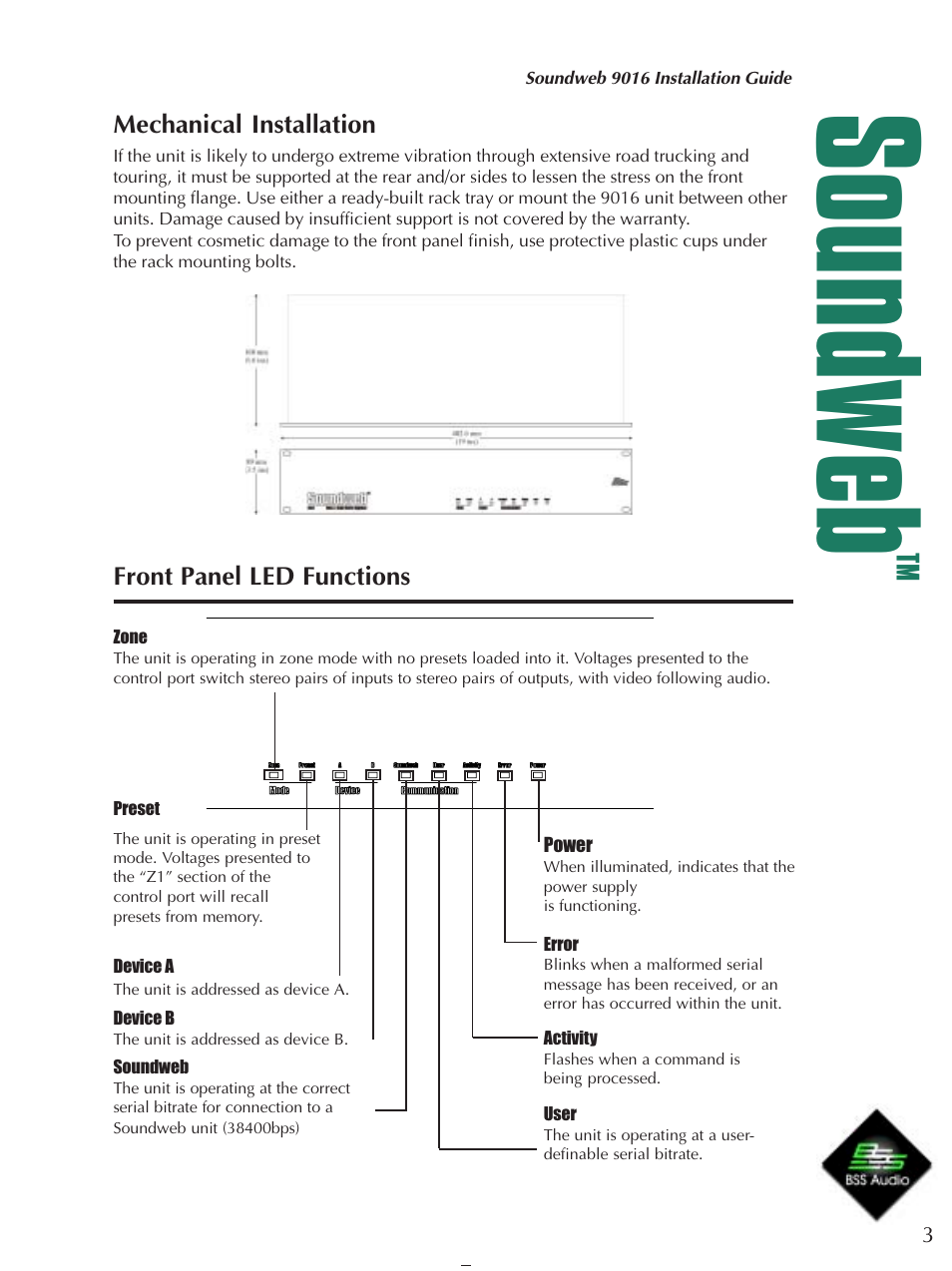 Soundweb, Mechanical installation, Front panel led functions | BSS Audio sw9016 Install Guide User Manual | Page 3 / 8