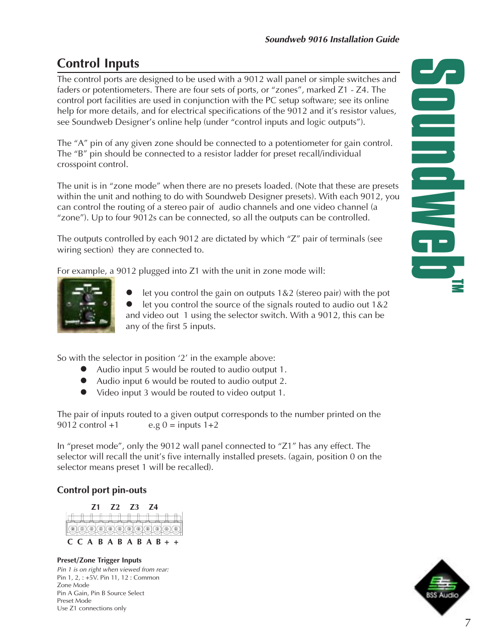 Soundweb, Control inputs | BSS Audio sw9016 Install Guide User Manual | Page 7 / 8