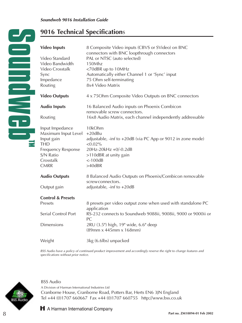 Soundweb, 9016 technical specifications | BSS Audio sw9016 Install Guide User Manual | Page 8 / 8