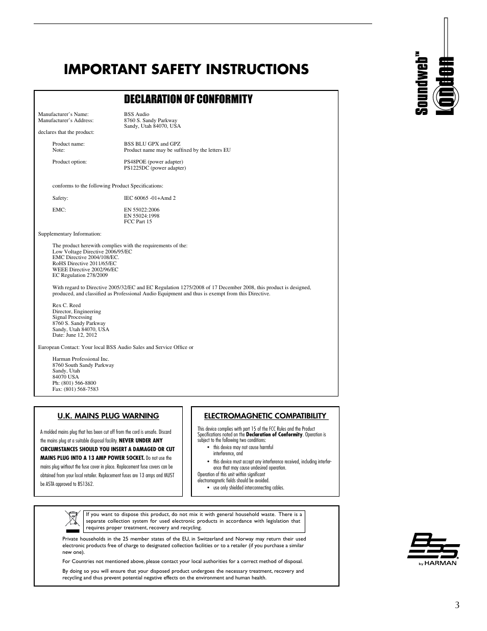 Important safety instructions, Declaration of conformity, Electromagnetic compatibility | U.k. mains plug warning | BSS Audio BLU-GPX Owner's Manual User Manual | Page 3 / 12