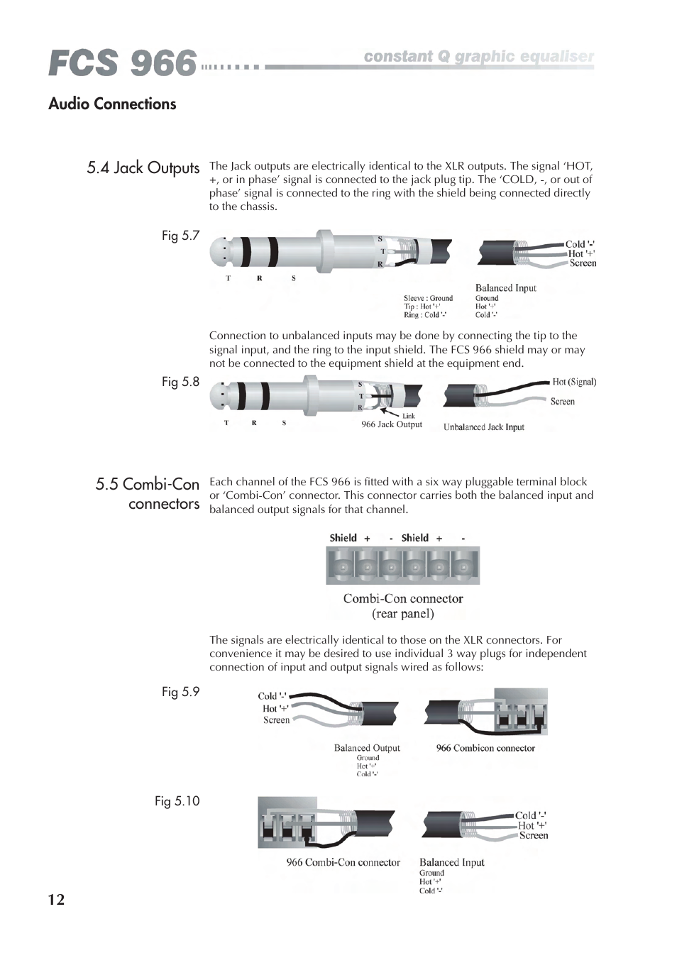 Audio connections 5.4 jack outputs, 5 combi-con connectors | BSS Audio FCS-966 Owner's Manual User Manual | Page 12 / 32