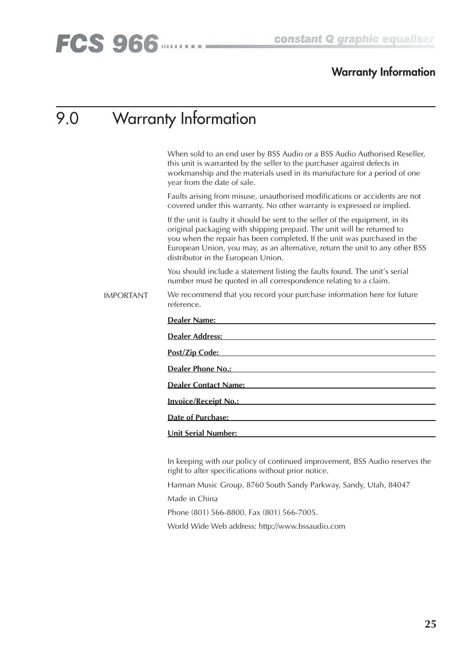0 warranty information | BSS Audio FCS-966 Owner's Manual User Manual | Page 25 / 32