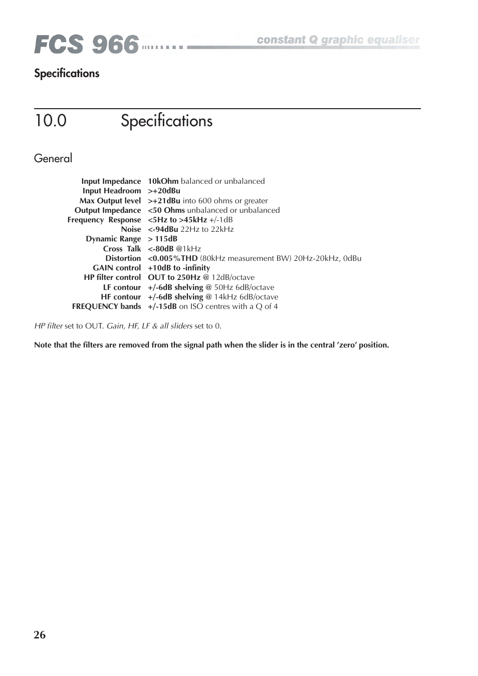 0 specifications, Specifications general | BSS Audio FCS-966 Owner's Manual User Manual | Page 26 / 32