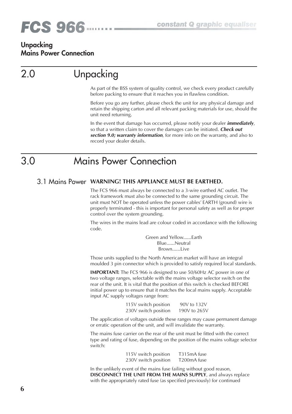 0 unpacking, 0 mains power connection | BSS Audio FCS-966 Owner's Manual User Manual | Page 6 / 32