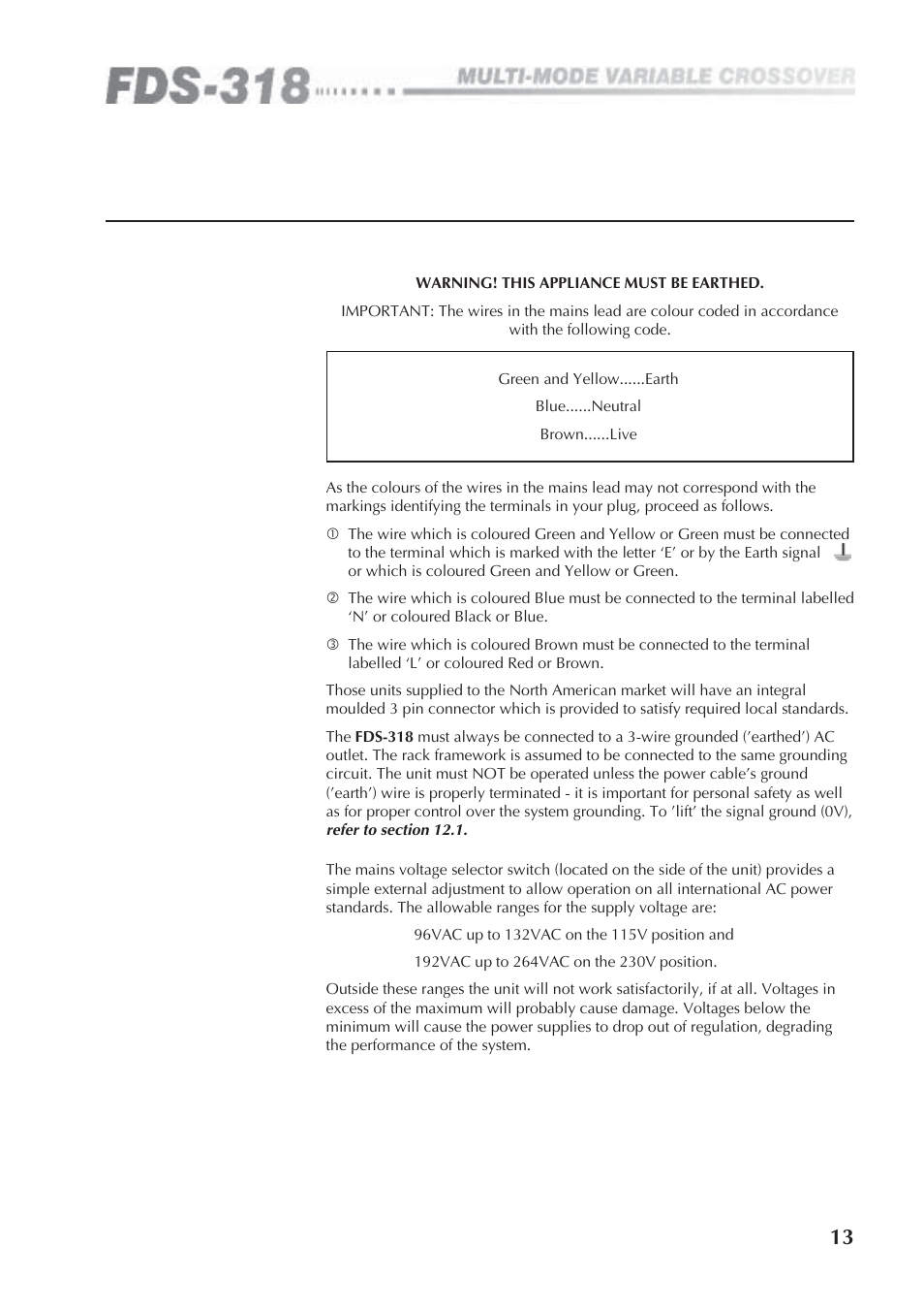 0 mains power connection, 13 connecting to power, 1 mains power | 2 voltage setting | BSS Audio FDS-318 Owner's Manual User Manual | Page 13 / 36