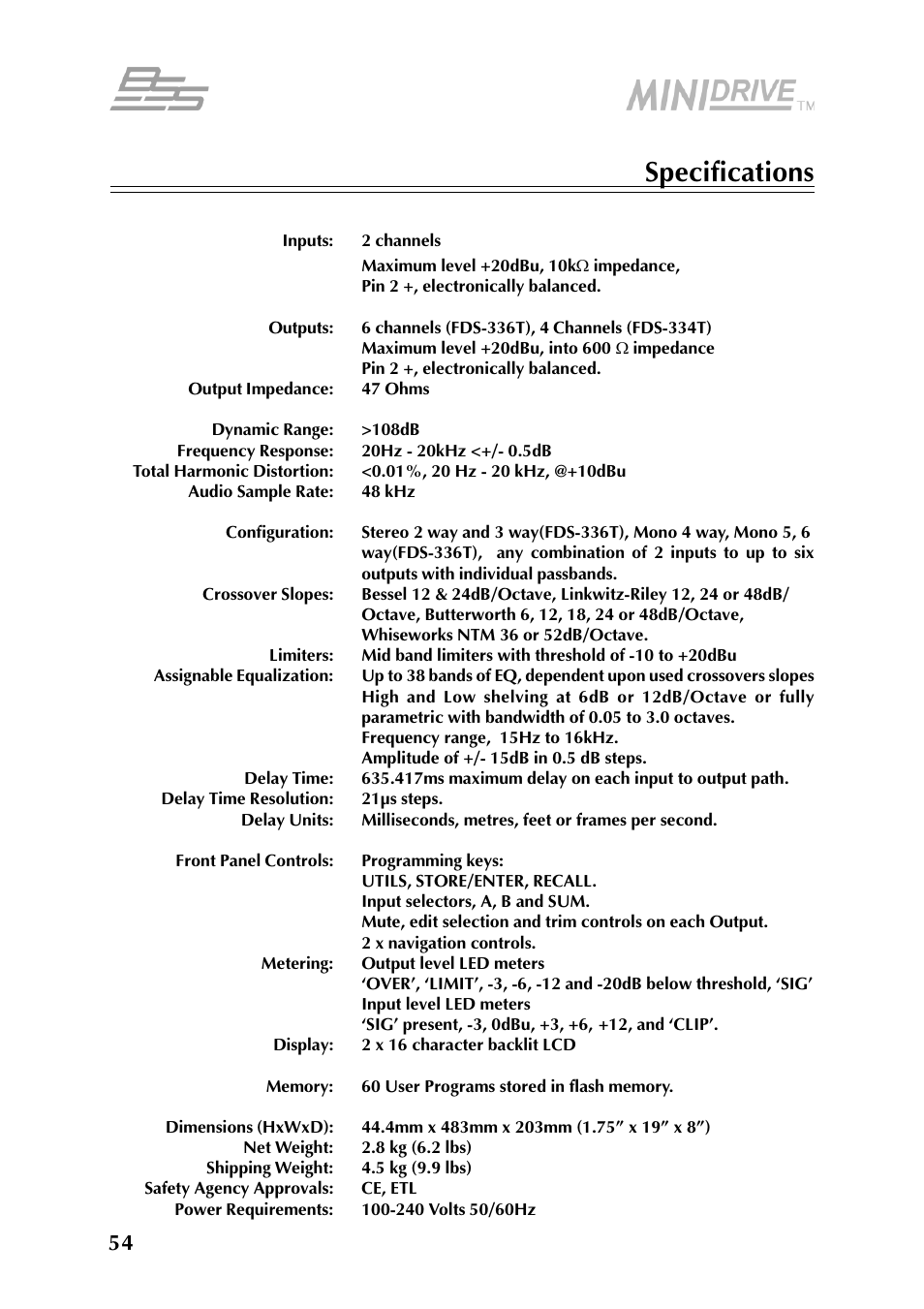 BSS Audio FDS-334T Owner's Manual User Manual | Page 54 / 56