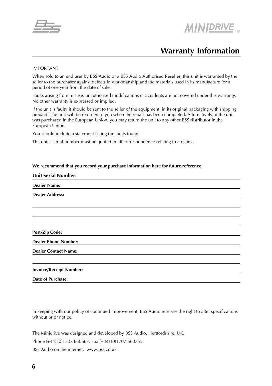 Warranty information | BSS Audio FDS-334T Owner's Manual User Manual | Page 6 / 56