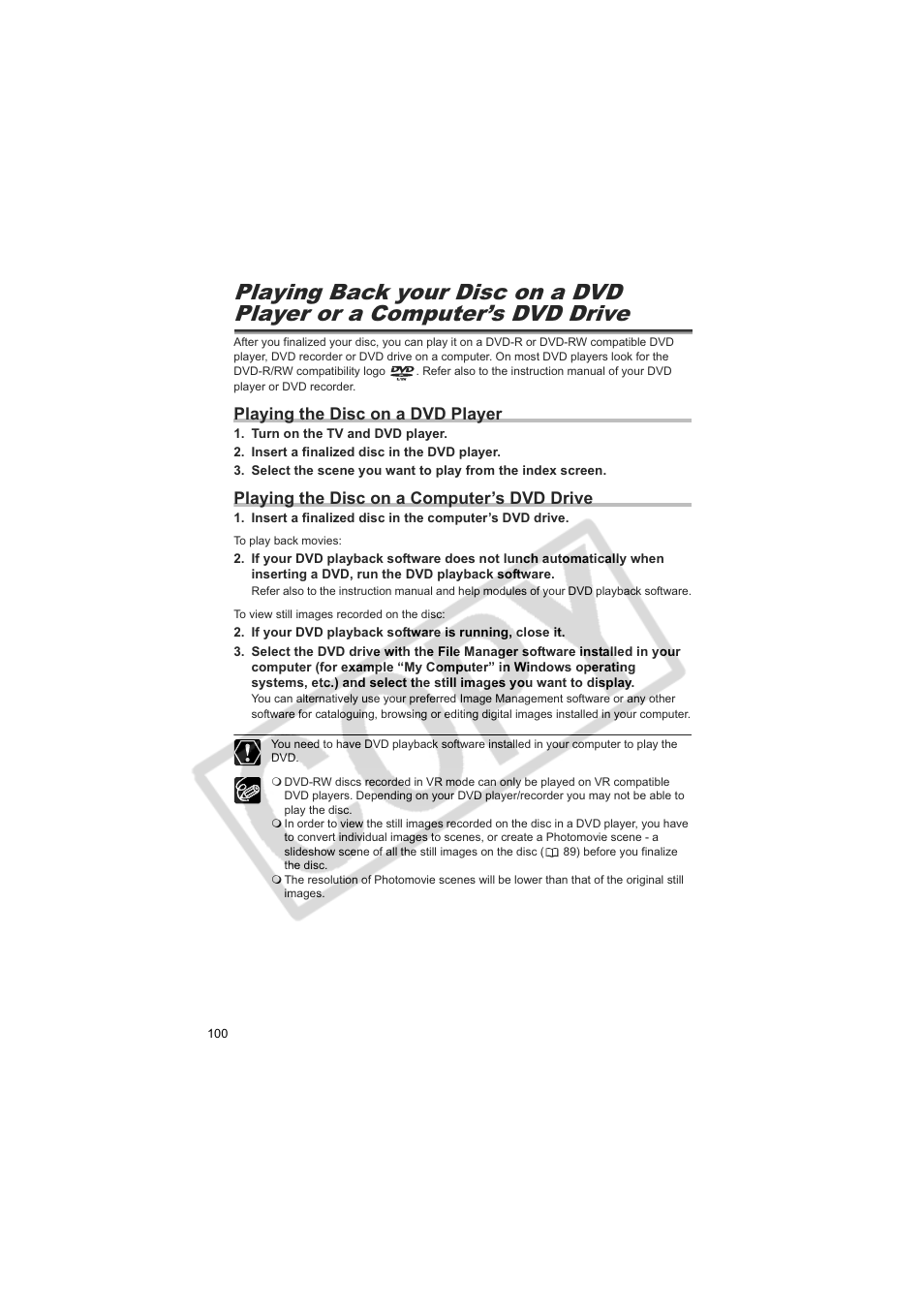 Playing the disc on a dvd player, Playing the disc on a computer’s dvd drive | Canon DC20  EN User Manual | Page 100 / 148