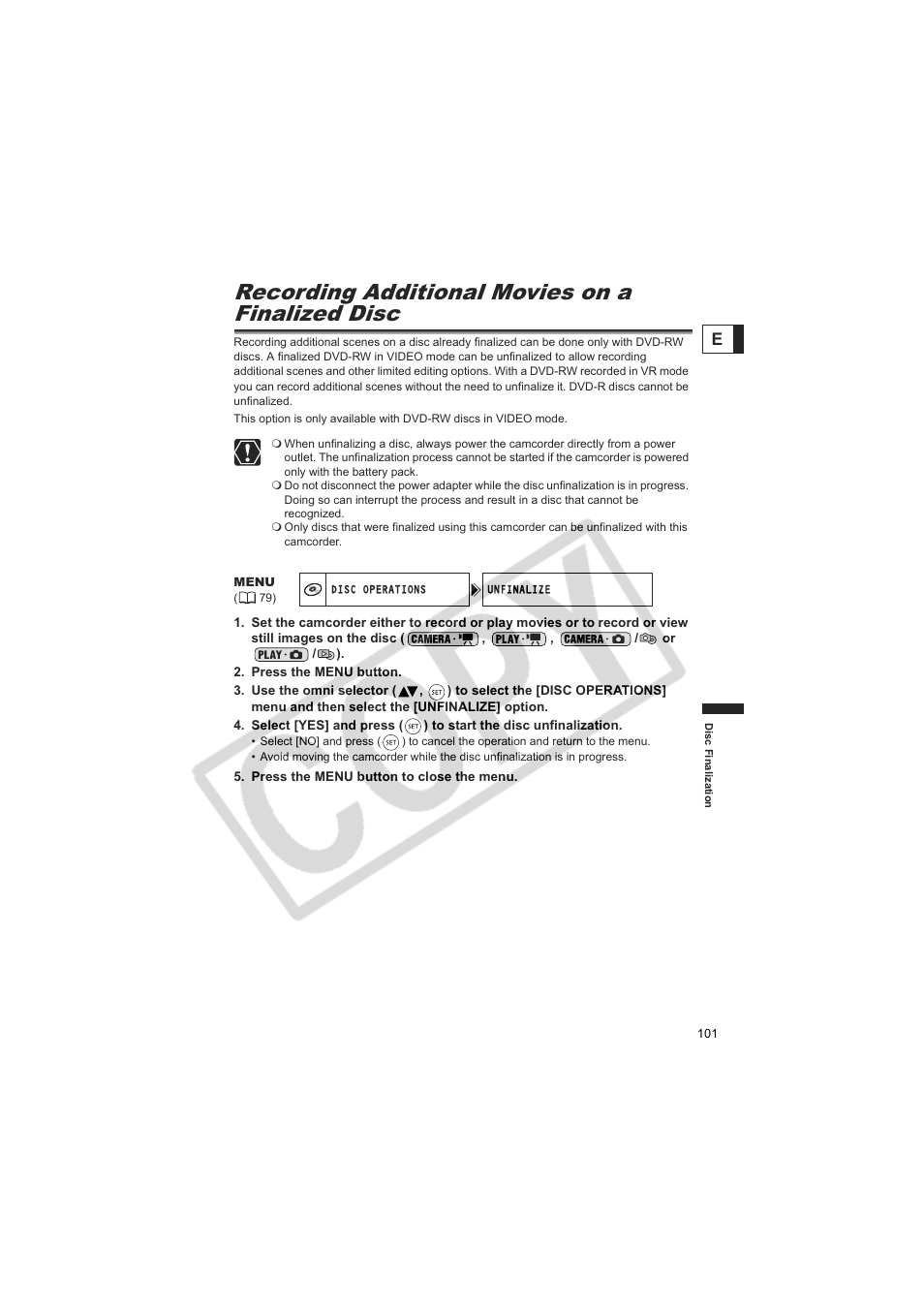 Recording additional movies on a finalized disc | Canon DC20  EN User Manual | Page 101 / 148