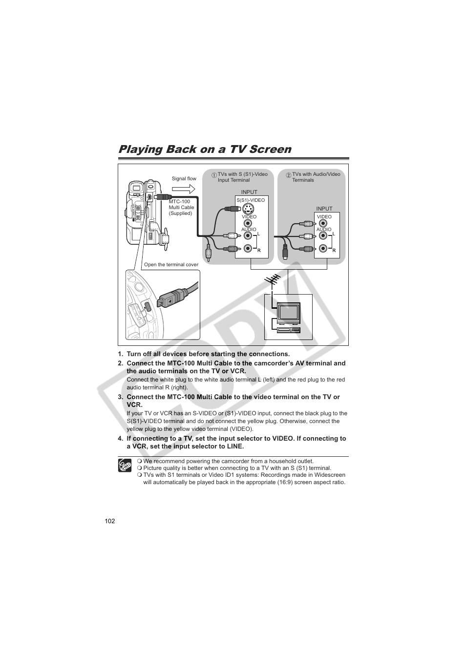 Playing back on a tv screen | Canon DC20  EN User Manual | Page 102 / 148