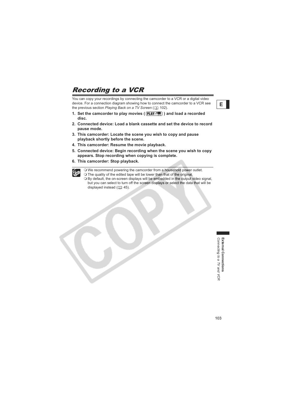 Recording to a vcr | Canon DC20  EN User Manual | Page 103 / 148