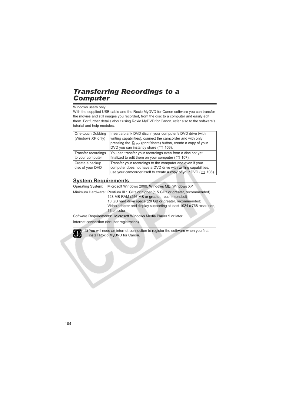 Transferring recordings to a computer, System requirements | Canon DC20  EN User Manual | Page 104 / 148