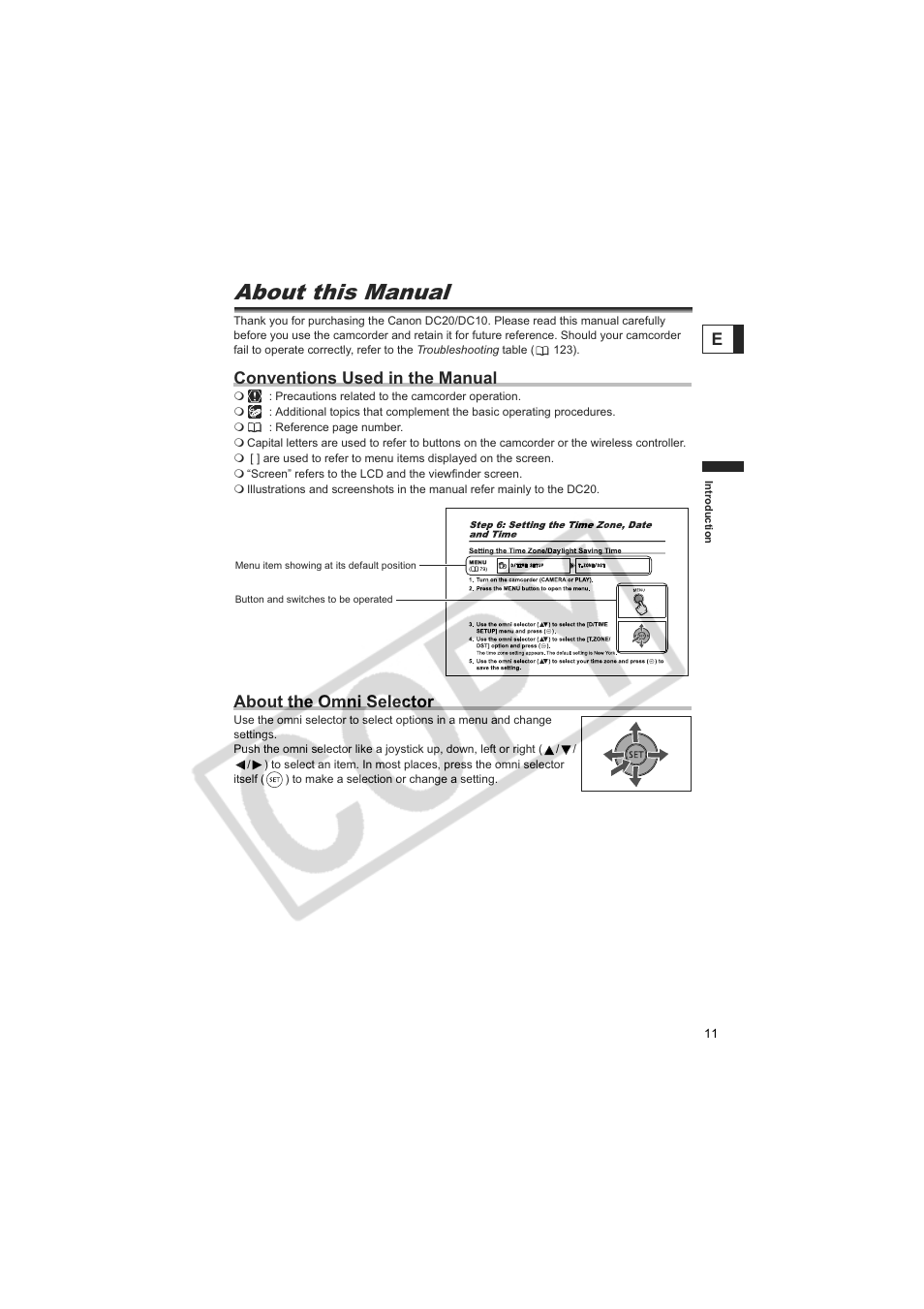 About this manual, Conventions used in the manual, About the omni selector | Canon DC20  EN User Manual | Page 11 / 148
