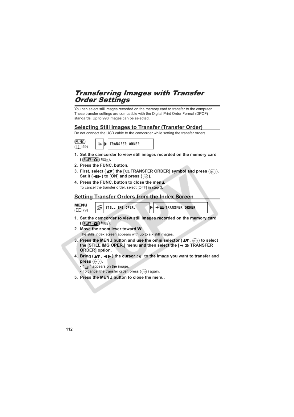 Transferring images with transfer order settings, Setting transfer orders from the index screen | Canon DC20  EN User Manual | Page 112 / 148