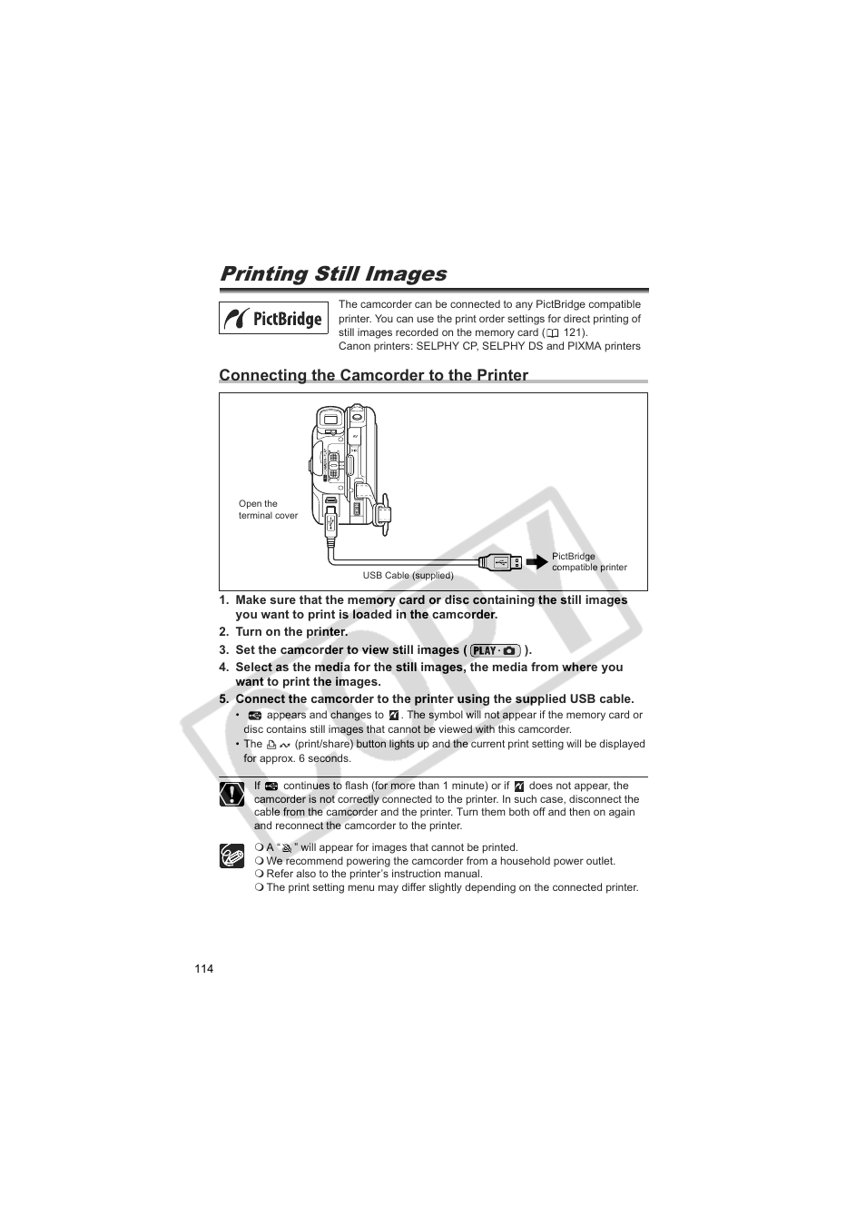 Printing still images, Connecting the camcorder to the printer | Canon DC20  EN User Manual | Page 114 / 148