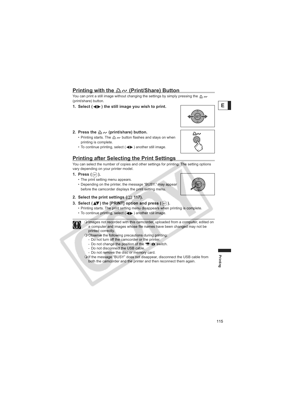 Eprinting with the (print/share) button, Printing after selecting the print settings | Canon DC20  EN User Manual | Page 115 / 148