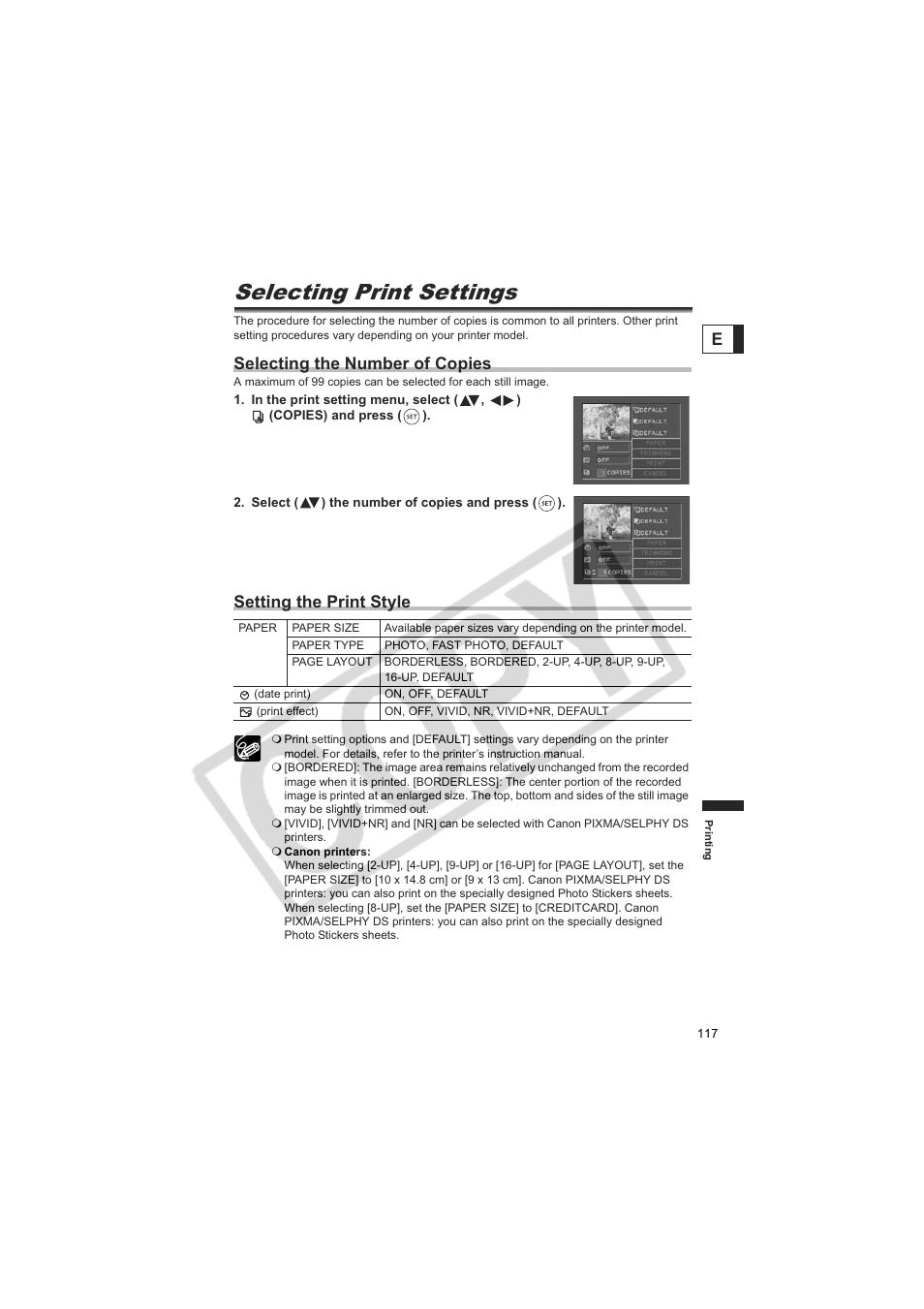 Selecting print settings, Selecting the number of copies, Setting the print style | Canon DC20  EN User Manual | Page 117 / 148