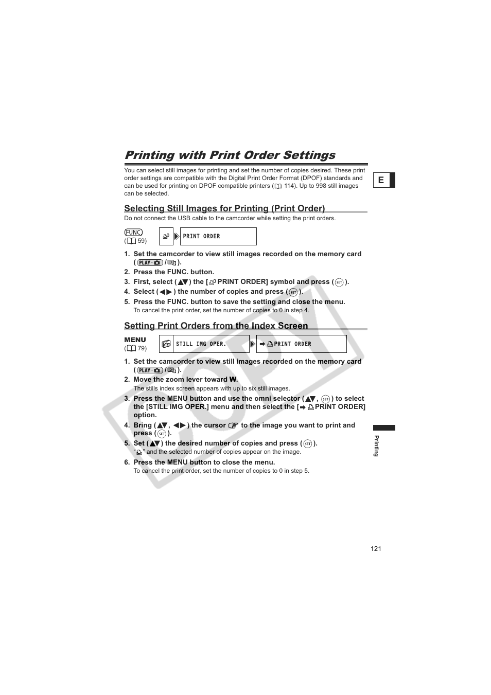 Printing with print order settings, Selecting still images for printing (print order), Setting print orders from the index screen | Canon DC20  EN User Manual | Page 121 / 148