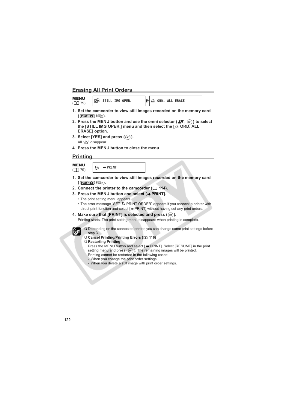 Erasing all print orders, Printing | Canon DC20  EN User Manual | Page 122 / 148