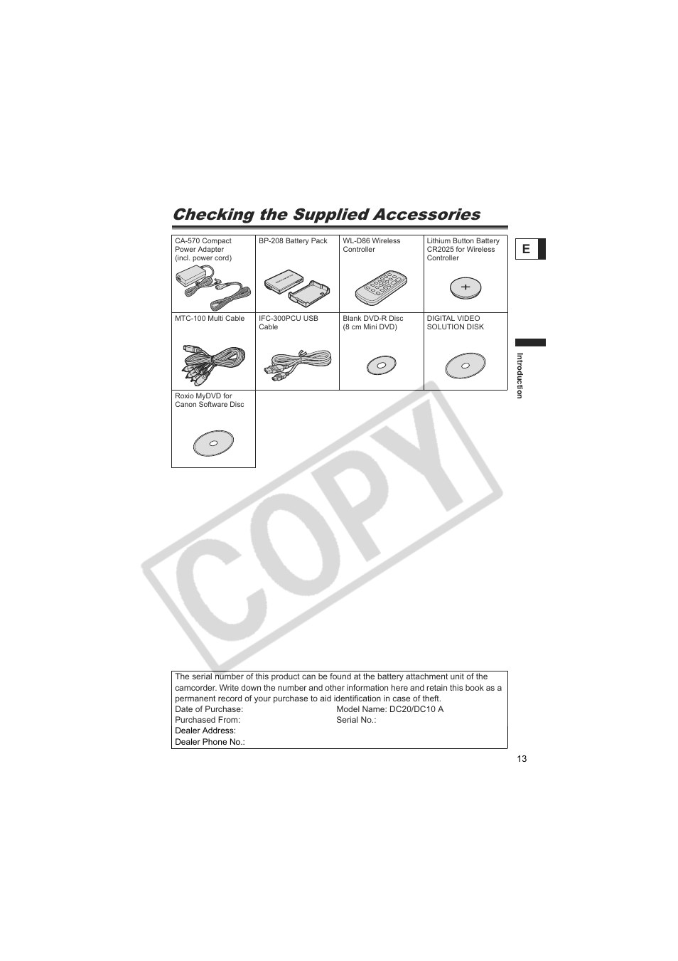 Checking the supplied accessories | Canon DC20  EN User Manual | Page 13 / 148