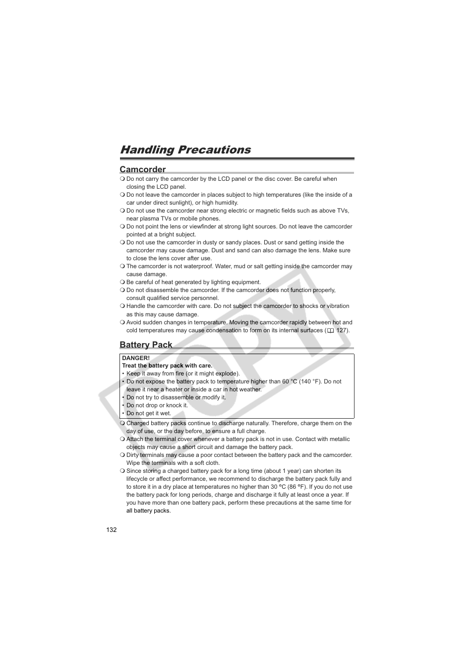 Handling precautions, Camcorder, Battery pack | Canon DC20  EN User Manual | Page 132 / 148