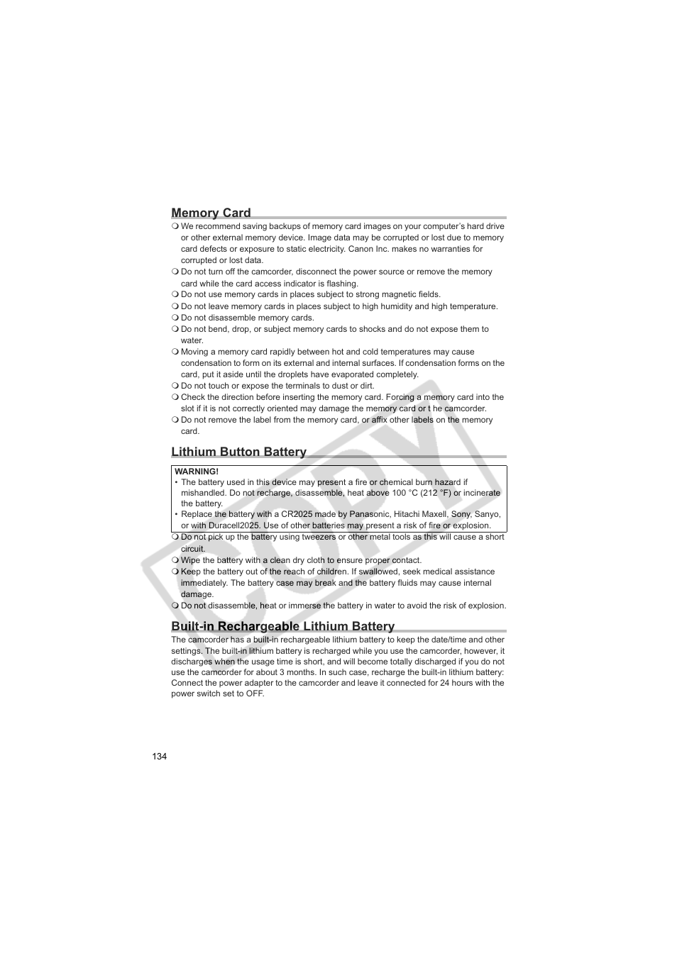 Lithium button battery, Built-in rechargeable lithium battery | Canon DC20  EN User Manual | Page 134 / 148