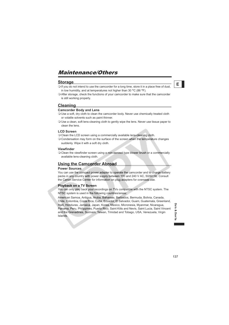 Maintenance/others, Storage, Cleaning | Using the camcorder abroad | Canon DC20  EN User Manual | Page 137 / 148