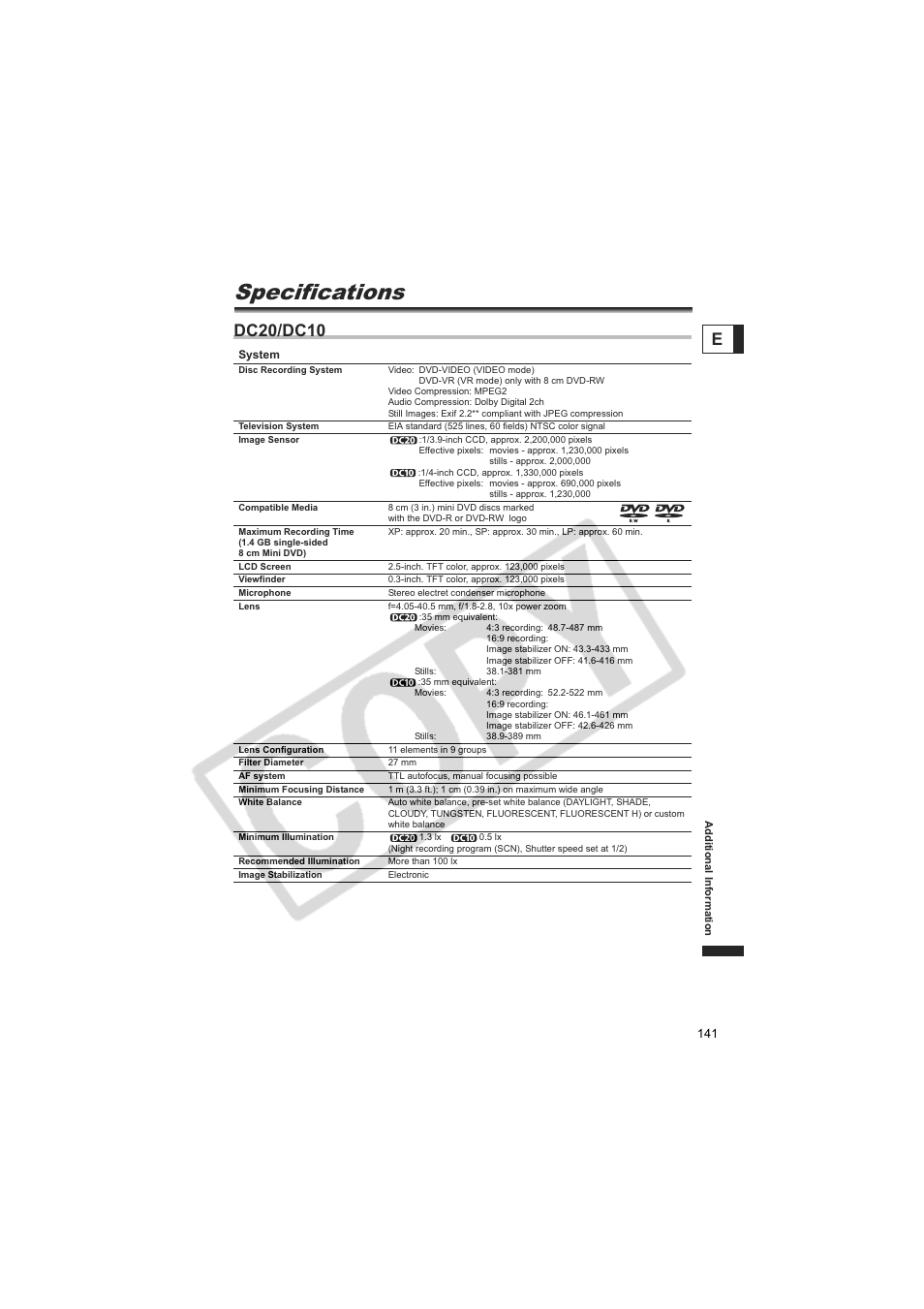 Specifications, Dc20/dc10 | Canon DC20  EN User Manual | Page 141 / 148