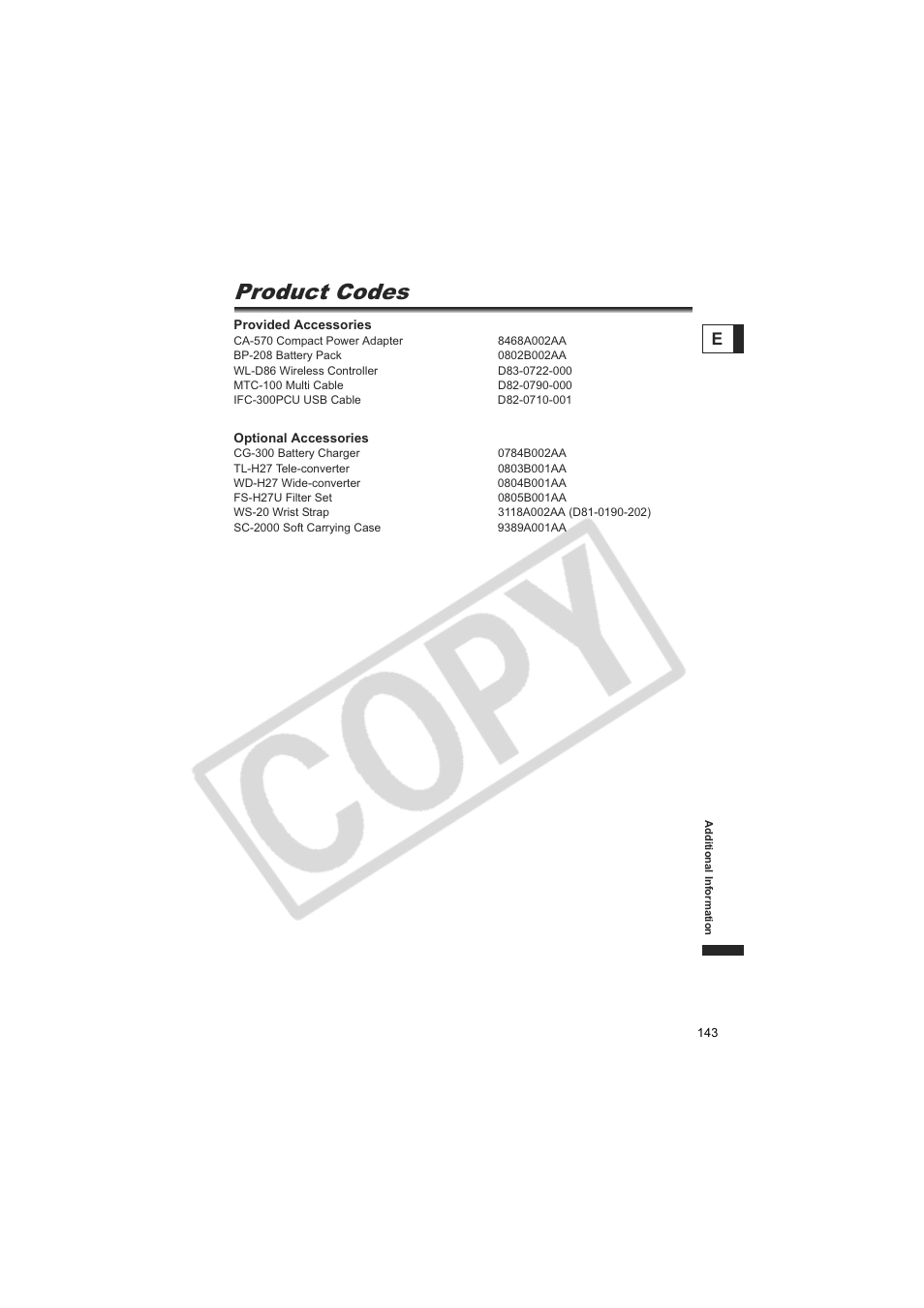 Product codes | Canon DC20  EN User Manual | Page 143 / 148